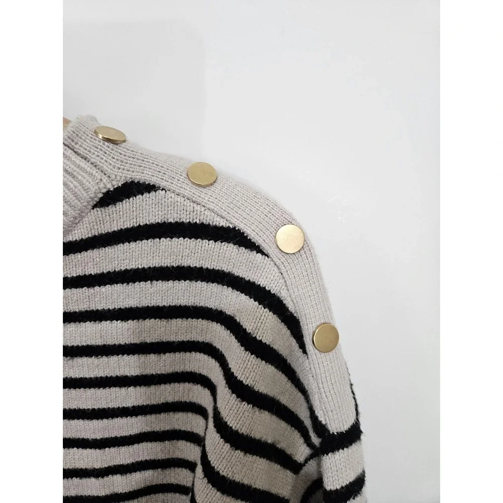 Magaschoni Womens Striped Knit Sweater Gold Shoulder Buttons‎ Beige Black L/G